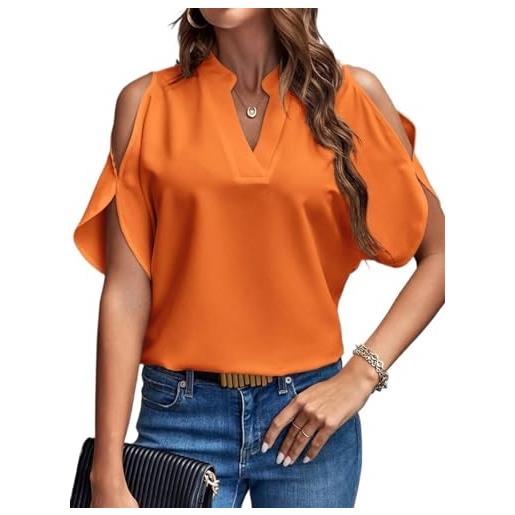 Generico camicetta a maniche corte top t-shirt casual estiva camicia con spalle scoperte t-shirt tinta unita con scollo a v per abbigliamento da donna(orange, medium)