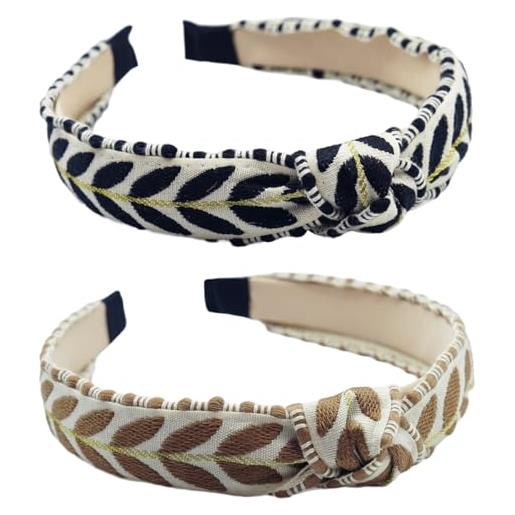 SXQLYH 2 pezzi capelli fasce stile bohémien, fascia per capelli da donna, motivo a foglie, con nodo raffinato, fascia per capelli, turbante, comfort, per donne e ragazze - nero+marrone