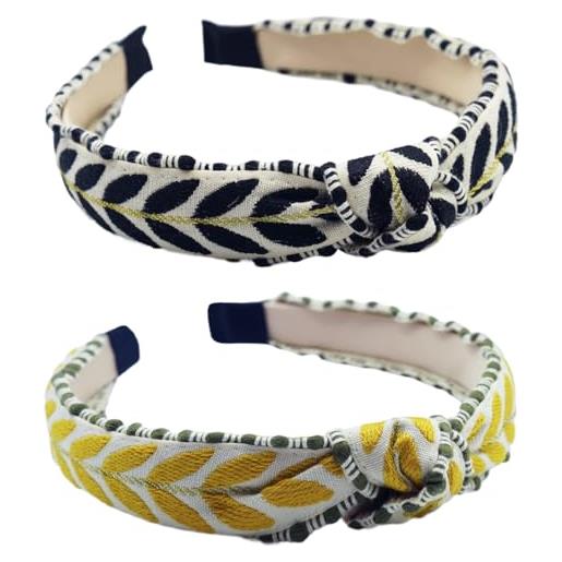 SXQLYH 2 pezzi capelli fasce stile bohémien, fascia per capelli da donna, motivo a foglie, con nodo raffinato, fascia per capelli, turbante, comfort, per donne e ragaz - nero+giallo