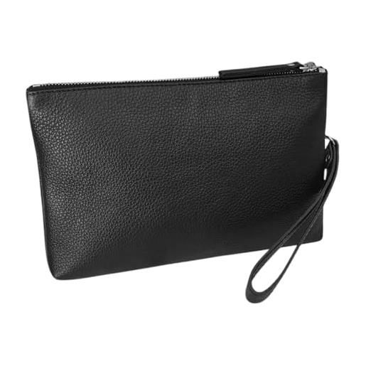 FAST WORLD SHOPPING pochette uomo in vera pelle nera 23,5 x 15 x 3 cm con manico da polso removibile, marsupio elegante da sotto braccio e a mano, chiusura lampo in metallo, made in italy