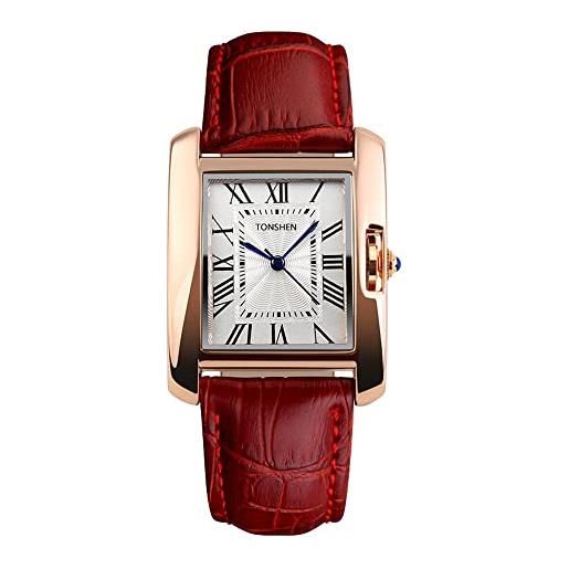 TONSHEN donna orologio analogico quarzo rettangolare rose golden romano numero digitare acciaio inossidabile nero cuoio band orologi da polso per lady la ragazza (rosso)