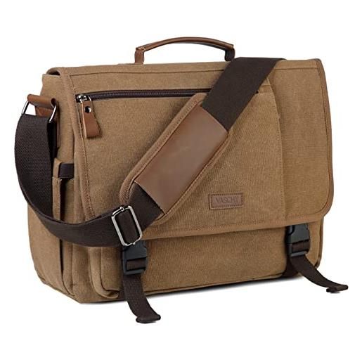 VASCHY borsa tracolla uomo, borsa porta pc 15.6 pollici borsello uomo tracolla borsello uomo impermeabile borsa uomo lavoro borsa messenger vintage borse a spalla tela con tracolla imbottita cachi