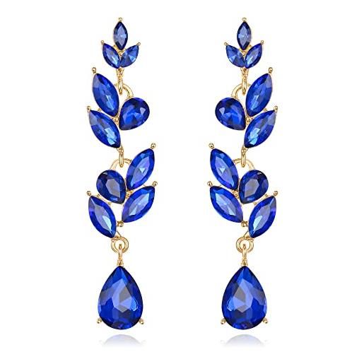 Orecchini Pendenti Lunghi EVER FAITH A Foglia Rotonda, Cristallo E Zirconi, Placcatura Anti-Nickel, 8cm, Confezione Regalo, Ideali Per Sposa E Festa