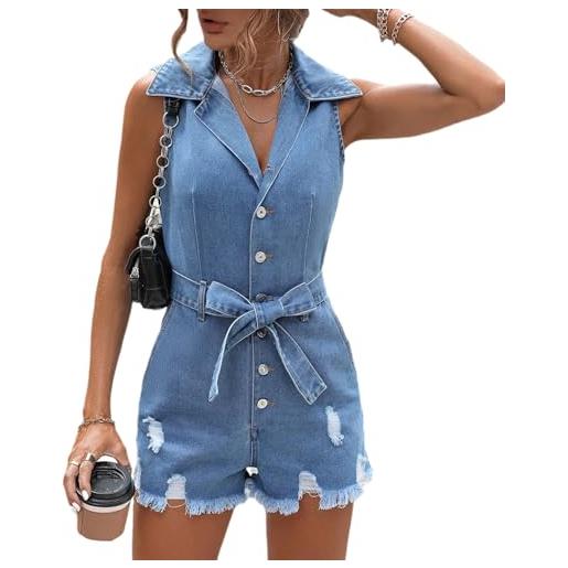 TACSTRUN tutina corta in denim strappato da donna senza maniche elasticizzata slim fit con orlo sfilacciato pagliaccetto in jeans, blu, m