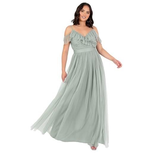 Anaya with Love women's maxi dress ladies sleeveless v-neck cold shoulder tulle sash tie belt a-line bridesmaid wedding guest ball gown, frosty green, 46