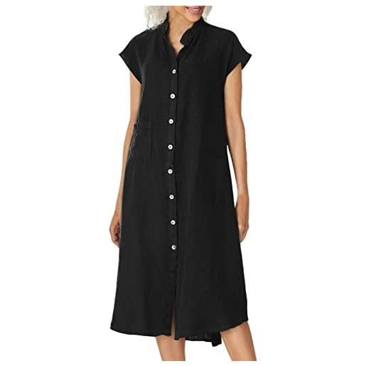 Generisch 2025 - abito camicia da donna con bottoni, abito di cotone, estivo, abiti lunghi con tasche abito da spiaggia da sposa, nero , s