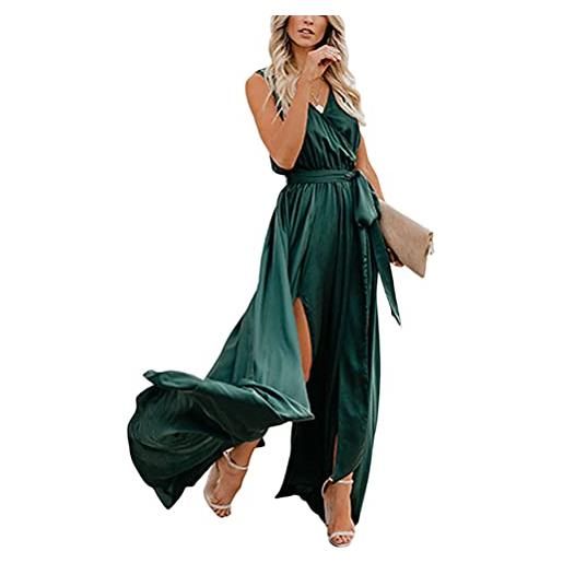 Tomwell abiti da cerimonia donna lunghi eleganti trasparente pizzo semplice glamorous cucitura abito da sera smanicato backless vita alta spacco da cocktail partito vestiti a verde m