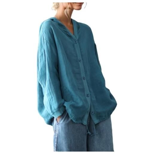Vagbalena cardigan da donna in cotone e lino con cappuccio tinta unita con bottoni scollo a v manica lunga leggero ampio con tasche e cappuccio (3-blu, xxl)