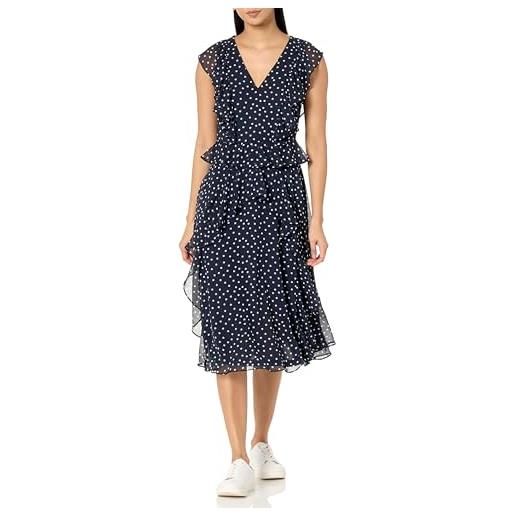 Tommy Hilfiger abito da donna a maniche corte con volant in tessuto chiffon lunghezza midi, sky captain/avorio, 46