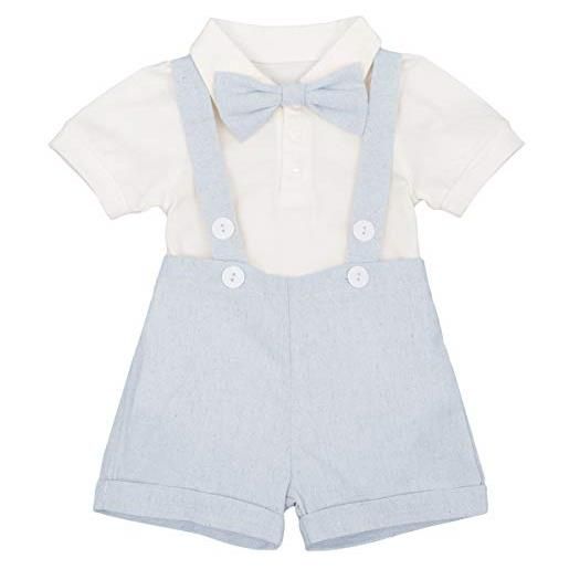 OBEEII neonato bambino 3 pezzi pagliaccetto a maniche corte + cravatta a farfalla + salopette pantaloncini formale gentleman nozze suit battesimo costume per prima infanzia 0-6 mesi azzurro