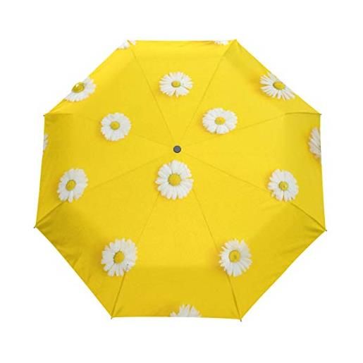 Mnsruu ombrello pieghevole con margherite bianche e camomilla con fiori, antivento, pioggia, apertura automatica, da viaggio, protezione uv per donne e uomini