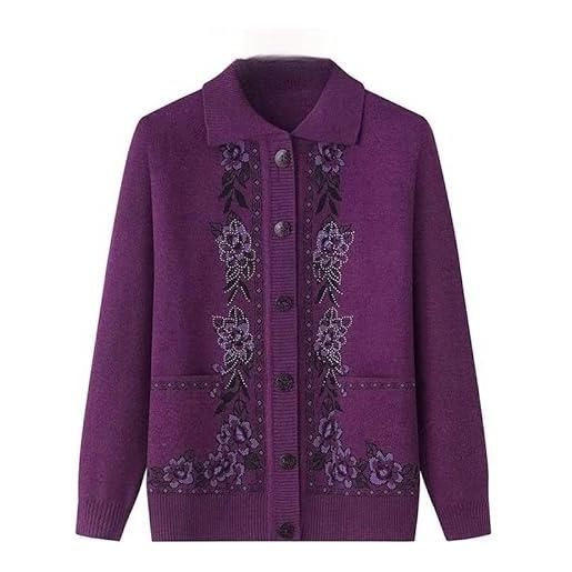BNTCTC cardigan lavorato a maglia per mezza età e anziani, top casual da vecchia signora con tasche, cardigan ricamato da nonna, maglione caldo primaverile e autunnale da mamma, in pelle rosa l