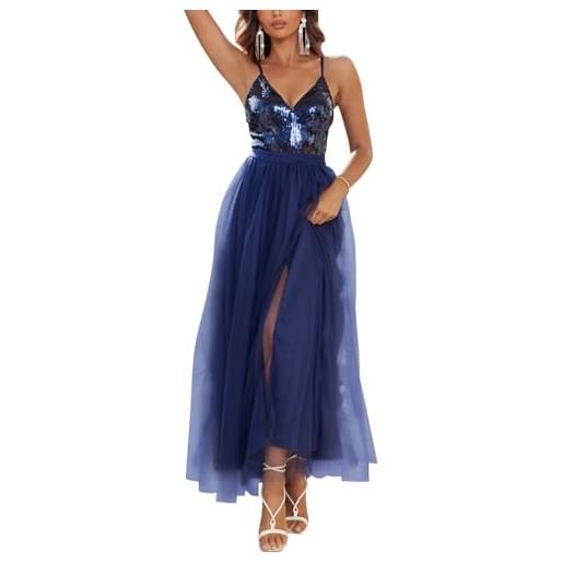 Onsoyours vestiti da sera donna glitter paillettes spaghetti abito sexy senza maniche senza schienale tulle elegante maxi abiti ballo cerimonia b blu scuro m
