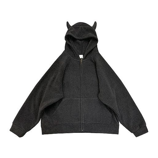 Cuteighteen felpa da donna in pile con cappuccio e cerniera, carina, corno del diavolo, harajuku, kawaii, a maniche lunghe, giacca con cappuccio, nero e grigio. , medium
