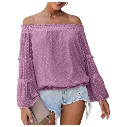 PRJN top da donna a maniche lunghe con spalle scoperte t-shirt larghe t-shirt casual con maniche a tromba camicie a tunica per donna top con spalle scoperte camicette camicia in chiffon con spalle scoperte