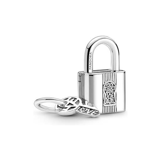 PANDORA pendente con lucchetto e chiave moments in argento sterling con zirconia cubica trasparente