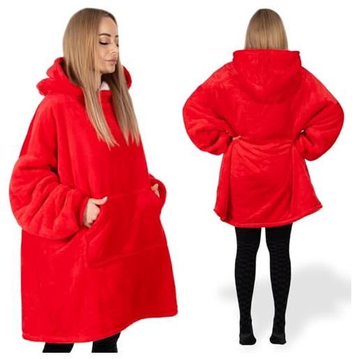 SPRINGOS felpa con cappuccio da indossare con maniche e tasche, oversize, colore: rosso, m corto