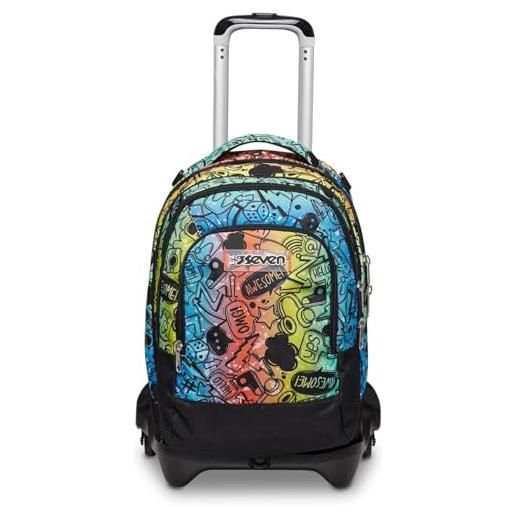 Seven trolley scuola jack 3 ruote detach -fluo stamp, multicolore -zaino uso 3in1 -tasca frontale -cross. Over system -tasca porta borraccia -maxi ruote, zaino scuola, trolley viaggio bambino
