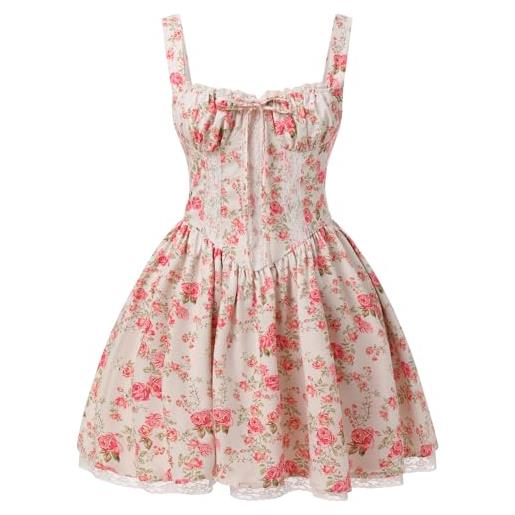 EFOGEP corsetto floreale da donna, mini abito estivo, boho spaghetti, con schiena scoperta, taglio basso, abito da sole con volant, abito corto per feste, spiaggia, uscite, per il tempo libero, rosso