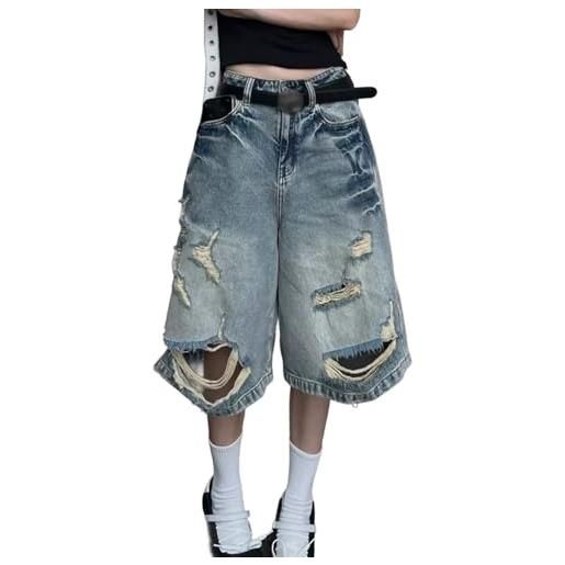 Sawmew donne baggy jean shorts y2k hip hop cargo pants jorts loose fit long denim shorts streetwear vintage 90s lunghezza al ginocchio denim jorts pantaloncini a gamba larga jeans strappati(l)