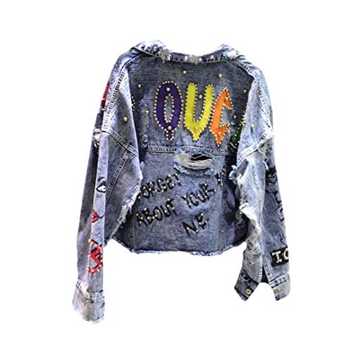 Hcclijo cappotto da giacca in denim con stampa graffiti con perline e diamanti