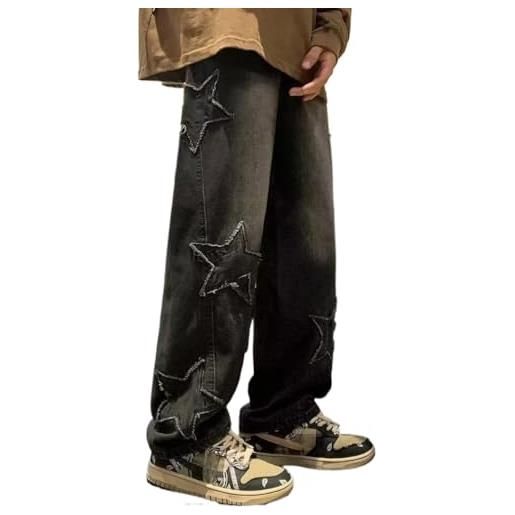 Alafime y2k grunge vestiti baggy emo goth stelle patchwork cargo pant fairycore acubi jeans alternativa demin tripp streetwear, nero, s