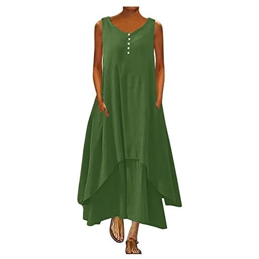 HAOLEI abito lungo donna cotone e lino caftano boho abito ampio casual moda senza maniche scollo a v abiti lunghi taglie forti vestiti 2 in 1 maxi abiti essentials vestito per la primavera e l'estate