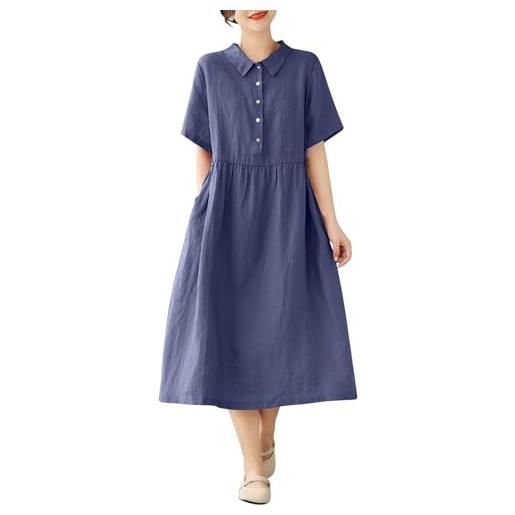 Masrin abito in mussola da donna, vintage, in cotone, lino, casual, tinta unita, con colletto rovesciato, a maniche corte, con bottoni, sotto il ginocchio, abito estivo, blu marino, xxl