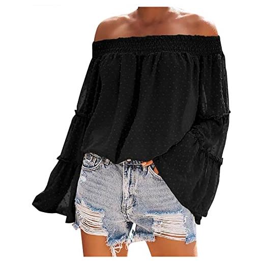 Coloody top con spalle scoperte da donna camicetta a maniche lunghe in chiffon casual estivo con maniche a campana camicie a tunica con volant a pois svizzeri