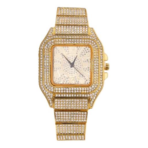 HALUKAKAH orologio con diamanti iced out, uomo placcato in oro 18 carati quadrante con numeri arabi quarzo cinturino 22cm, viene fornito con scatola regalo
