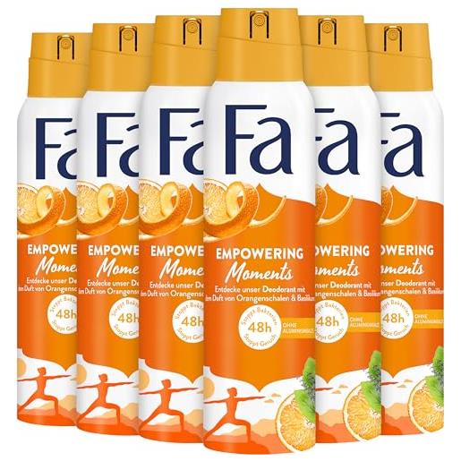 Fa deodorante spray empowering moments (6 x 150 ml), deodorante con il profumo tonificante di buccia d'arancia e basilico, formula vegana, blocca i batteri, deodorante senza sali di alluminio