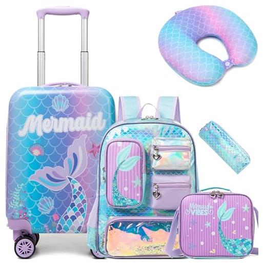 HTgroce 5pcs valigia per bambini ragazze, zainetto bambina, valigia bambino con maniglia retrattile con ruote girevoli a 360 °