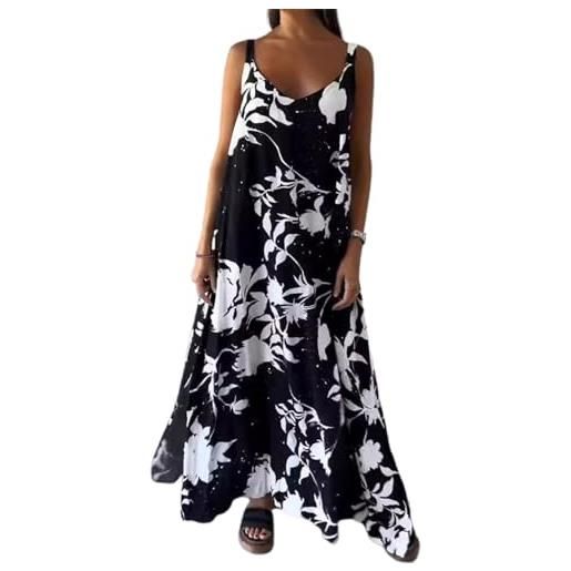 SHINROAD abito estivo con orlo allentato vestito estivo da donna scollo a v senza maniche senza schienale stampa floreale contrasto colore vacanza spiaggia stile casual lungo, nero , xxx-large