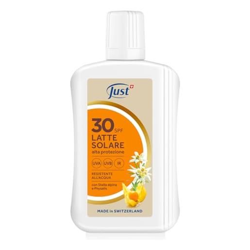 Just latte solare spf 30, alta protezione uva/uvb/ir, resistente all'acqua, con stella alpina e physalis, made in switzerland
