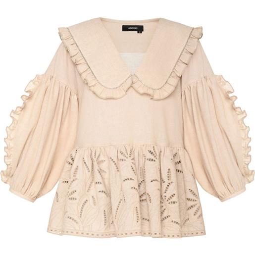 ANOUKI blusa con ruches sul colletto e in pizzo sangallo - toni neutri