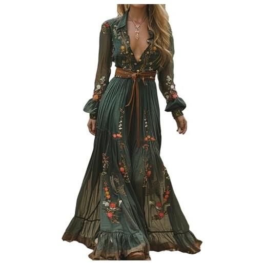 XUSAI verde, s, vestito lungo vintage pastorale da donna con fiori sexy scollo a v manica lunga western dress autunno casual maxi abito