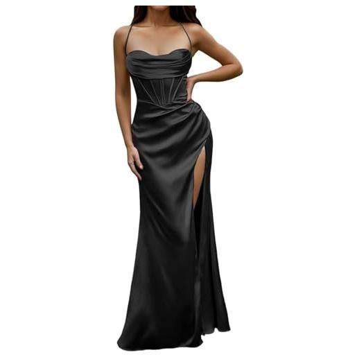 LLECDASEUI donna sexy corsetto spaghetti con cinturino vestito maxi elegante in raso abiti da sera taglio basso spacco alla coscia a lisca di pesce abiti lunghi (s, beige)