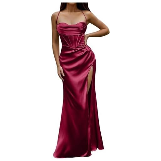 LLECDASEUI donna sexy corsetto spaghetti con cinturino vestito maxi elegante in raso abiti da sera taglio basso spacco alla coscia a lisca di pesce abiti lunghi (s, beige)