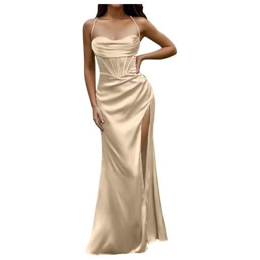 LLECDASEUI donna sexy corsetto spaghetti con cinturino vestito maxi elegante in raso abiti da sera taglio basso spacco alla coscia a lisca di pesce abiti lunghi (s, vino)