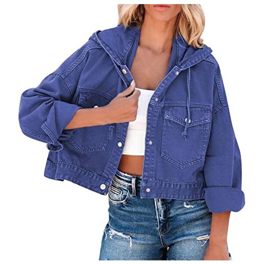 LOIJMK giacca di jeans da donna corta con cappuccio, giacca in denim, da donna, oversize, blu, con bottoni, con tasche sul petto, giacca a maniche lunghe, elegante e alla moda, blu, m