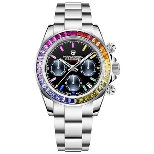 Orologio Uomo Pagani Design Automatico Scheletro - Quadrante Diamanti Arcobaleno, Acciaio Inox, 40mm