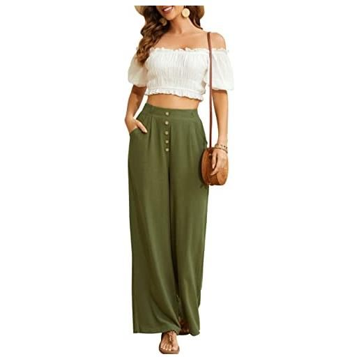 SVALIY pantaloni da donna fluidi in cotone e lino a gamba larga, pantaloni lunghi da salotto a vita alta con bottoni e tasca, verde militare, l