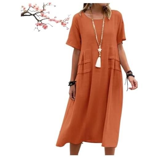 Generic abito midi in cotone e lino con scollo rotondo da donna, abiti estivi midi in cotone e lino, abito casual a maniche corte, vestibilità ampia e tinta unita (orange, m)