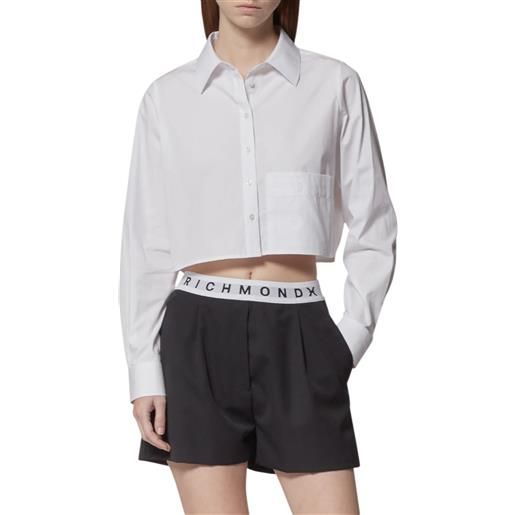 John Richmond camicia crop manica lunga con logo bianco