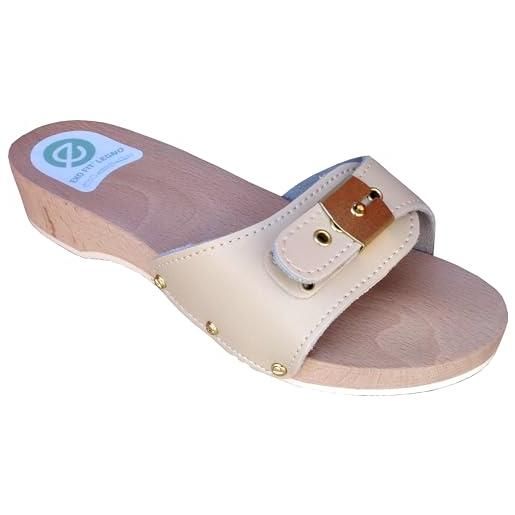 EKO FIT legno: zoccolo donna in legno con tomaia in pelle imbottita - classico zoccolo italiano da casa o spiaggia - artigianato italiano - beige 40