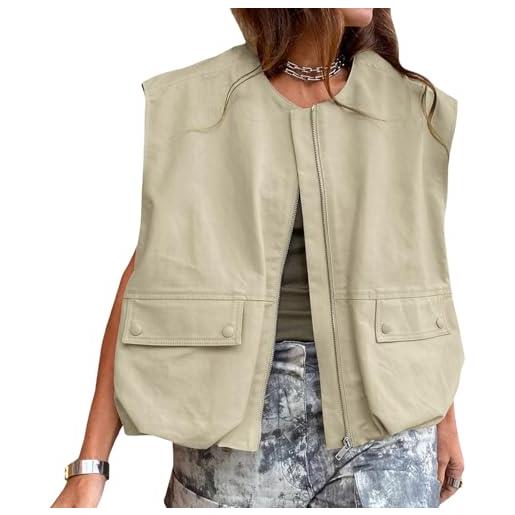 Sawmew gilet cargo estivo da donna, oversize, senza maniche, vestibilità ampia, con cerniera completa e tasche(khaki, s)