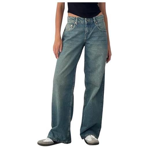 shownicer donna jeans lunghi a vita bassa jeans larga jeans baggy denim pantaloni diritti vintage elasticizzati jeans casuale straight wide leg pants denim trousers a1 blu1 s