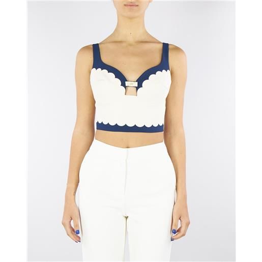 ELISABETTA FRANCHI top oltremare-burro in doppio crêpe stretch con smerlo ricamato