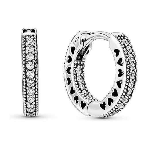 PANDORA signature orecchini a cerchio con pavé con cuori in argento sterling
