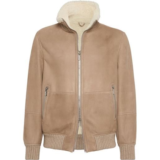 Brunello Cucinelli giacca in pelle scamosciata con collo in shearling - marrone